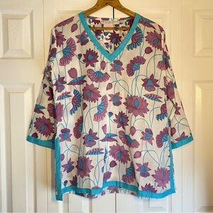 Gretchen Scott Floral Tunic Top Cotton Purple Turquoise XL
